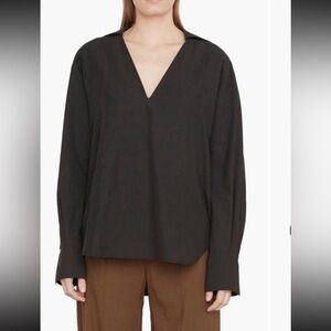 NWT Vince Black Cotton Linen V-Neck Popover Blouse XXS MSRP $325
